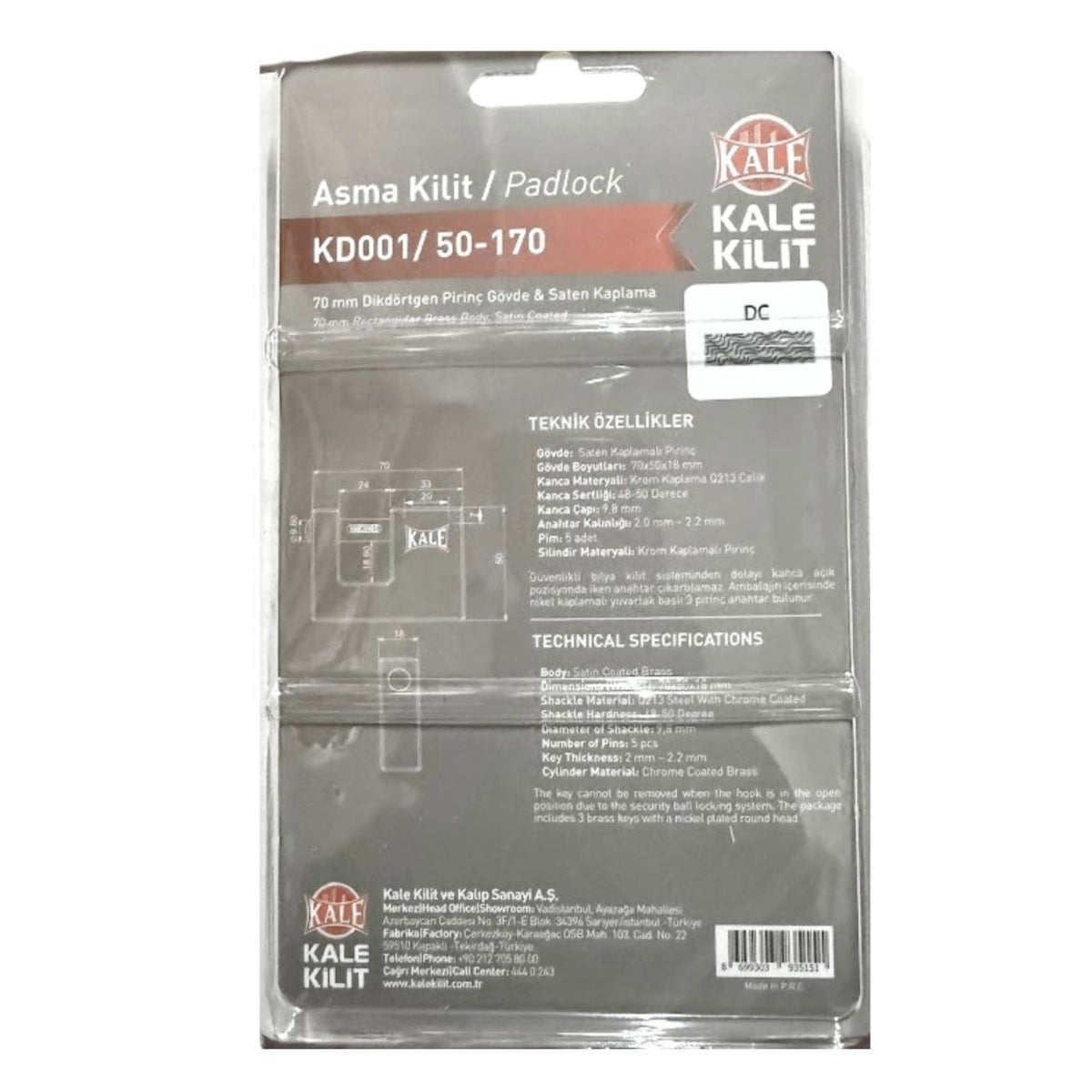 KALE KAYAR MİL.ASMA KİLİT SATEN 70 MM KD001/50-170 - Görsel 5
