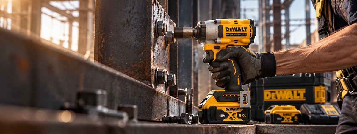 DeWalt DCF922 18V XR 5Ah somun sıkma makinesini kullanan usta, endüstriyel atölye banner görseli