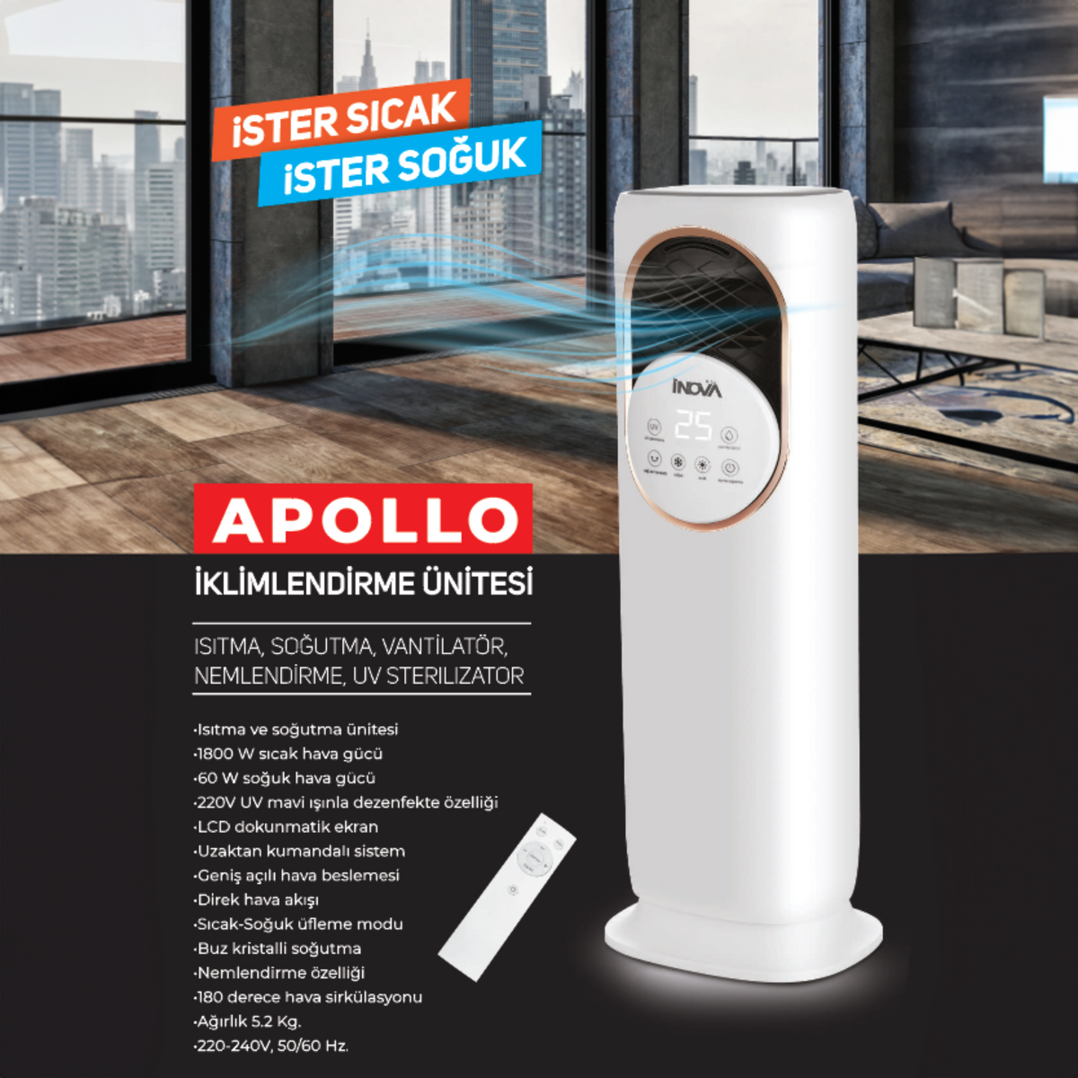 İNOVA APOLLO ISITICI SOĞUTUCU KUMANDALI 1800 W - görsel 5